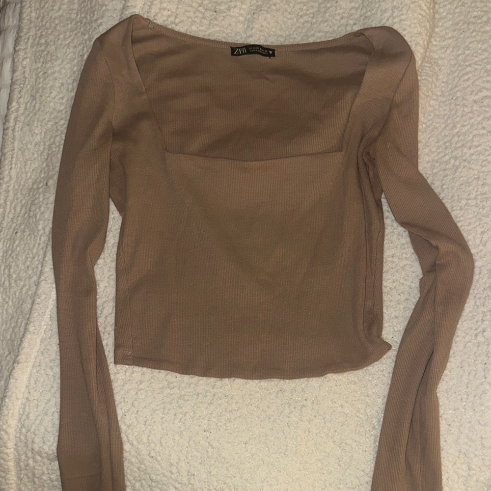 Zara Square Neck Ribbed Long Sleeve Top - Brown